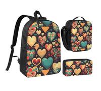 Cuori colorati 43,2 cm zaino pranzo borsa astuccio set, stampa carina, durevole tessuto Oxford.