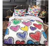 Cuori colorati Impressione 3D 3 pz fodera per edredone Stile artistico infantile con i pastelli a cera coperteletto microfibra ipoallergenica antiacari per adolescenti donne adulti Single（140x200cm）