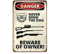 Cuorung Poster con scritta "Man Cave Decor, Never Mind The Dog Beware Of Owner", con scritta in lingua inglese "Never Mind The Dog Beware Of Owner", in metallo, vintage, per uomini e donne