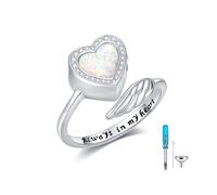 CUPENDA Anello con urna per cenere, in argento Sterling 925, con ali d'angelo, a forma di cuore, opale, per la cremazione, anello commemorativo aperto, regolabile, urna gioielli da donna