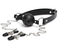 CUPIDO TOYS Bavaglio per Adulti con Pallina per Bocca (Ball Gag) e Catena con Morsetti Seno, Pinze Strizza Capezzoli, Morso per Bocca Sadomaso