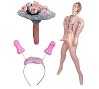 CUPIDO TOYS Set 3 pz 1 Bambolo Gonfiabile con Pene - 1 Bouquet - 1 Frontino con Piselli Kit Divertente per Addio al Nubilato, Gadget Pisello per la Sposa, Giochi per la Festa di Addio al Nubilato