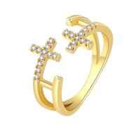 Cupimatch Anello a doppia croce da donna: anello in zirconia aperta regolabile, elegante religiosa cristiana con pietre scintillanti, regalo di Natale, San Valentino, Acciaio inossidabile, Nessuna