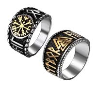 Cupimatch Anello da uomo vichingo 2 pezzi: fede in acciaio inossidabile Vegvísir e simbolo Odino - gioiello nordico stile moto regalo festa del papà, Acciaio inossidabile, Nessuna pietra preziosa