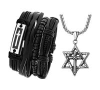 Cupimatch Bracciale collana da uomo insieme: set in pelle ciondolo esagramma stella di David acciaio inossidabile croce regolabile - regalo di compleanno festa del papà, Pelle