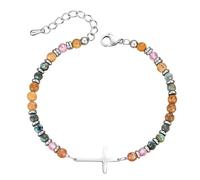 Cupimatch Bracciale da donna con croce e pietre naturali e acciaio inossidabile regolabile, gioiello cristiano per sorella - regalo battesimo compleanno, Natale, Media, Acciaio inossidabile, Non