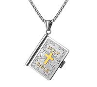 Cupimatch Collana da donna con ciondolo Bibbia: collana a croce con ciondolo a forma di libro di san aperto, in acciaio inossidabile, gioielli Religuex, regalo di compleanno Natale