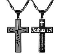 Cupimatch Collana da uomo con croce cristiana: gioielli in acciaio inossidabile Joshua 1:9 versetto della Bibbia ispiratrice fede ciondolo croce religiosa regalo pasquale catena regolabile, Acciaio