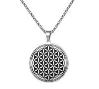 Cupimatch Collana da uomo con fiore della vita: collana rotonda in acciaio inossidabile argentato Punk stile moderno, regalo di Babbo Natale