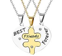 Cupimatch Collane BFF Donna Acciaio Inossidabile Oro Argento,Ciondolo Amicizia per 3 Forma Cuore Spezzato Puzzle Incisione Best Friends FORERVR Regalo Sorelle/Amici/Ragazzi