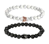Cupimatch Coppia Lovers Braccialetto Buddha Preghiera Perle rosari Pietra Artificiale Corona Imperiale Mosaico Zircone Bianco Nero(2 Pezzi)