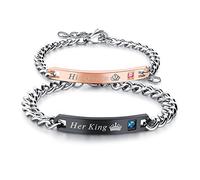 Cupimatch Coppia Lovers Braccialetto Catena Acciaio Inossidabile Her King His Queen Mosaico zircone Nero Oro(1 Paio)