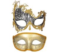 Cupimatch Maschera Veneziana Coppia Carnevale: 2 Mezze Maschere da Ballo con Strass e Glitter Dorati Metallico Magnifico Vintage - Regalo San Valentino Halloween