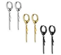Cupimatch Orecchini Pendenti Uomo,Orecchini Cerchio Acciaio Inossidabile con Nappe Fulmine Unisex Regalo Hiphop Punk-Set di Piercing Finto Argento Oro Nero (3 Paia)