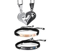 Cupimatch Set Collana e Bracciale Braccialetto Coppia Lovers in Acciaio Inox Strass e Corda Intrecciata “Her King” “His Queen” Regalo Perfetto per Valentine's Day,Anniversario Matrimonio,Compleanno