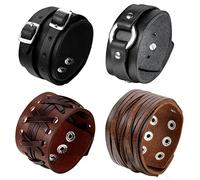 Cupimatch Uomo Braccialetto Bracciale in Pelle Cintura Anello Grande Larghezza Stile Punk Rock Nero Marrone(4 Pezzi)