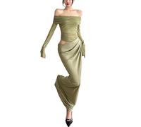 CupitiDU Abito da donna in rete con spalle scoperte, elegante, trasparente, a maniche lunghe, increspato, Y2K, aderente per party club, Verde, XL