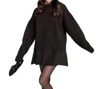 CupitiDU Autunno Nuovo Tinta Unita Casual College Style Knit Dress Set,2024 Manica Lunga Crop Top Maglia Mini Gonne Vestiti, Set Maglione 2 Pezzi, Casual Maglia Sciolta Mini Gonna Lounge Set, Nero , L