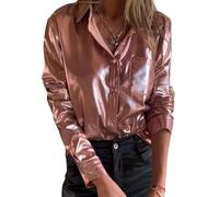 CupitiDU Camicie da donna con bottoni metallici lucidi, elegante e casual, a maniche lunghe, scintillanti, alla moda, per autunno e primavera, in raso di seta (rosa, L)