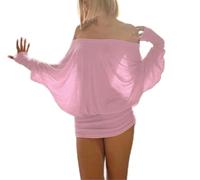 CupitiDU, mini abito aderente con scollo senza bretelle, in maglia con arricciature, a maniche lunghe, con ali di pipistrello, a vestaglia (Rosa, XL)