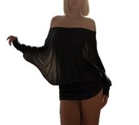 CupitiDU Mini abito in maglia increspata con spalle scoperte, mini abito aderente a maniche lunghe a pipistrello casual elegante vestibilità ampia, Nero , M