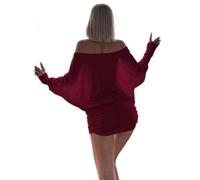 CupitiDU Mini abito in maglia increspata con spalle scoperte, mini abito aderente a maniche lunghe a pipistrello casual elegante vestibilità ampia, Borgogna, M