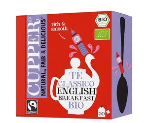 CUPPER Tè Classico English Breakfast Biologico Fairtrade, Tè Nero Ricco e Aromatico, Ingredienti da Agricoltura Biologica, Filtri 100% Biodegradabili, Confezione da 50 Bustine