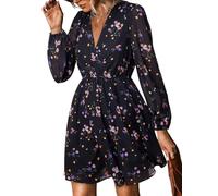 CUPSHE Abito Corto A-Line in Chiffon con Stampa Floreale, Maniche Lunghe in Stile Contadino, Abito Autunnale con Elastico