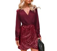 CUPSHE, abito da donna a maniche lunghe con scollo a V, paillettes, per cocktail, brillante, abito da festa, autunnale, mini abito, Colore: rosso, S
