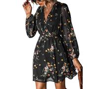 CUPSHE - Abito da donna, con scollo a V, effetto avvolgente, a maniche lunghe, trasparente, con motivo floreale, ideale per il tempo libero, stile mini wrap, nero/giallo, L