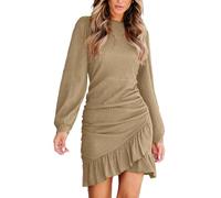 CUPSHE Abito da donna in maglia con ruches, scollo a giro, maniche lunghe, svasato, con volant, aderente, sexy, casual, ideale per le vacanze, mini abito, Cachi, XX-Large
