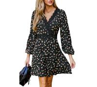 CUPSHE Abito da donna in pizzo, scollo a V, a maniche lunghe, per autunno, casual, motivo floreale, linea ad A, elegante mini abito, Motivo floreale nero, S