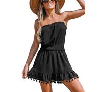 CUPSHE Abito da donna senza maniche, con pompon e punto smock, Nero , S