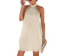 CUPSHE Abito estivo da donna in pizzo, scollo all'americana, con laccetti sulla schiena scoperta, fodera a trapezio casual, prendisole per le vacanze, Beige, L