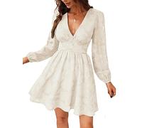 CUPSHE Abito in pizzo da donna Scollo a V Bottoni Manica lunga Pizzo floreale Linea ad A Abiti casual Elegante Miniabito da festa Avorio XL