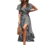 CUPSHE Abito Maxi Estivo Avvolgente da Donna Abito Casuale con Spacco Maniche Svasate a V Stile Ditsy Vita Regolabile con Nastro Volant per la Spiaggia