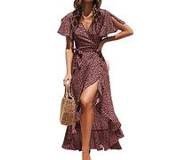 CUPSHE Abito Maxi Estivo Avvolgente da Donna Abito Casuale con Spacco Maniche Svasate a V Stile Ditsy Vita Regolabile con Nastro Volant per la Spiaggia