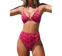 CUPSHE Bikini da donna a vita alta, costume da bagno incrociato smerlato con scollo a V, due pezzi, push-up, Rosso fucsia, S