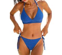 CUPSHE Bikini da donna con scollo a V, costume da bagno a due pezzi testurizzato incrociato con allacciatura all'americana a vita bassa, Blu Royal, M