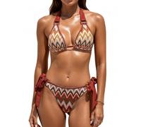 CUPSHE Bikini da donna Set due pezzi Costume da bagno con scollo a V Halter Strap Costume da bagno a vita bassa Cheeky Bottom Side Tie Texture, Borgogna/A Righe, M