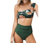 CUPSHE Bikini Set Vita Alta Increspatura Una Spalla Costume da Bagno di Due Pezzi, S