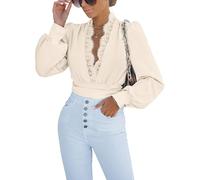 CUPSHE Body da donna con scollo a V profondo, bordo in pizzo, a maniche lunghe, casual, a maniche lunghe, Caldo avorio, XL