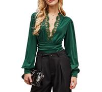 CUPSHE Body da donna in pizzo con scollo a V e maniche lunghe per feste arricciate sul fondo camicetta top