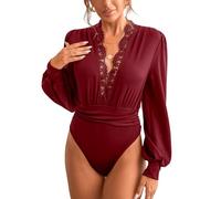 CUPSHE Body da donna in pizzo con scollo a V e maniche lunghe per feste arricciate sul fondo camicetta top