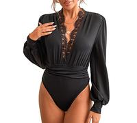 CUPSHE Body da donna in pizzo con scollo a V e maniche lunghe per feste arricciate sul fondo camicetta top