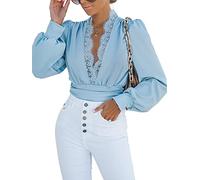 CUPSHE Body da donna in pizzo con scollo a V e maniche lunghe per feste arricciate sul fondo camicetta top