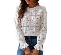 CUPSHE - Camicetta da donna con scollo rotondo e maniche lunghe, con ricami floreali traforati e polsini elastici, camicia elegante, bianco, XS