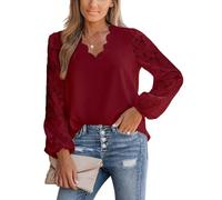 CUPSHE Camicetta da donna in pizzo floreale smerlato top manica lunga scollo a V camicia elegante, Rosso, M