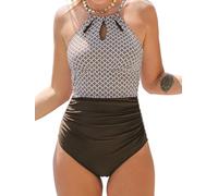 CUPSHE - Costume da bagno da donna con aperture decorative sulla scollatura, arricciatura sull’addome a effetto snellente, per la spiaggia, scollo alto, costume da bagno intero, L