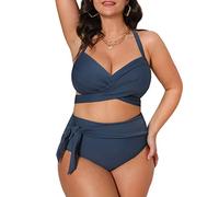 CUPSHE Costume da bagno donna Plus Size Bikini Set Vita Alta Avvolto Anteriore Auto Tie Indietro Annodato Fondo, Blu scuro, 3XL